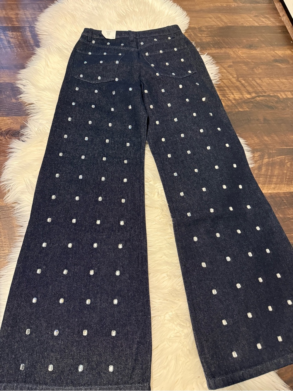 Mango Dark Blue Wide-Leg Denim Pants with Silver Studs